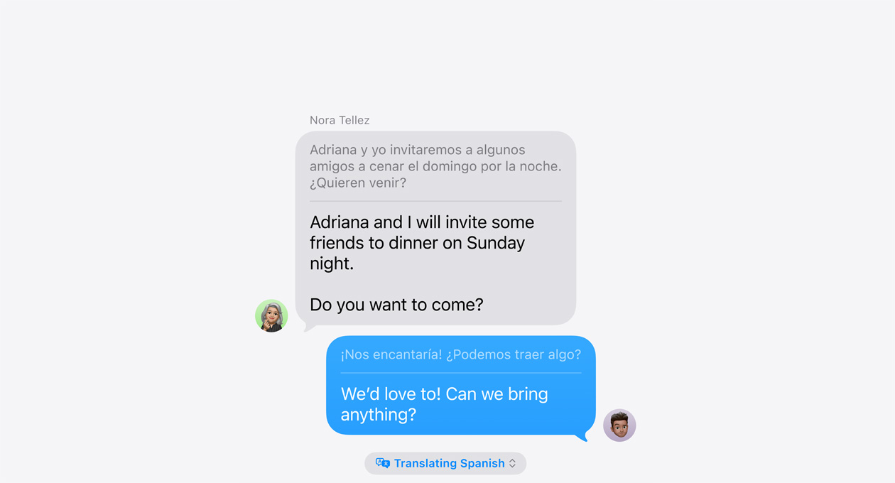 訊息 app 的即時翻譯功能,示範西班牙文與英文之間的自動翻譯