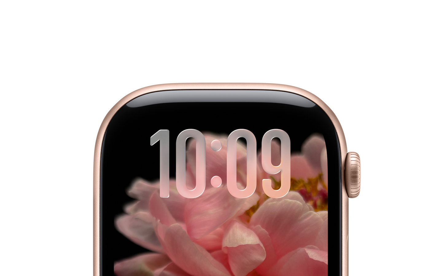 صورة للجزء العلوي فقط من واجهة ساعة Apple Watch باللون الذهبي الوردي من دون حزام مع أرقام الوقت شبه الشفافة بتصميم Liquid Glass في الأعلى