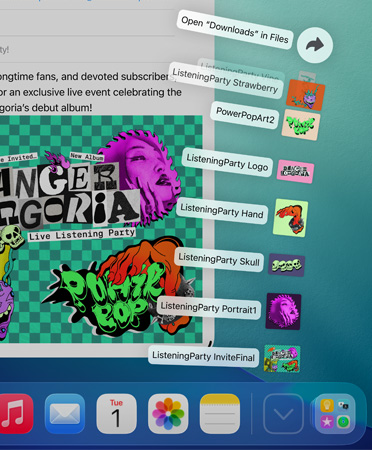 底部 Dock 的特寫,展示一系列檔案從 Dock 以扇形垂直展開