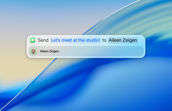 用户正在 Spolight 內輸入文字訊息,準備在訊息 app 傳送