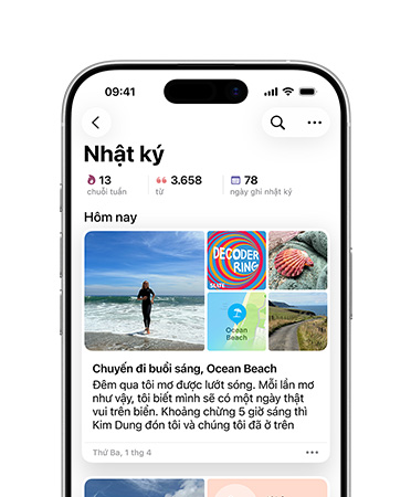 Journal app open to daily journal entry, pictures of a beach day and text about dreams on iPhone