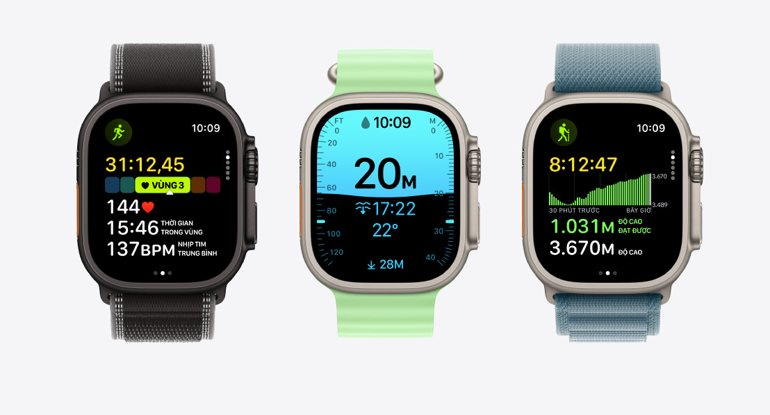 Apple Watch Ultra 3 devices, titanium cases, natural and black colors, Workout app screens: running, scuba, hiking, bands: Trail Loop, black/charcoal color, Ocean Band, neon green color, Alpine Loop, anchor blue color