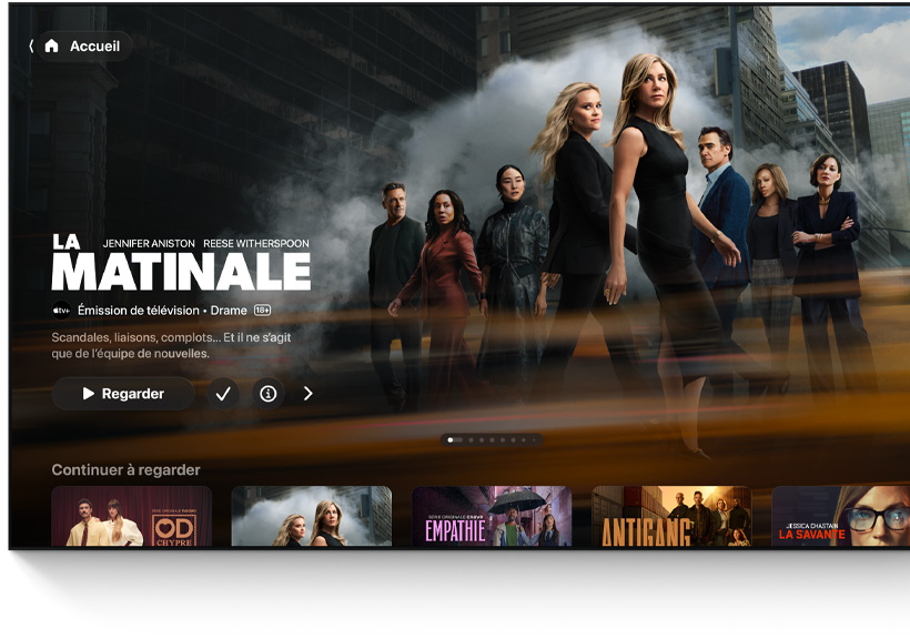 Téléviseur à écran plat montrant l’interface de l’écran d’accueil de l’app Apple TV