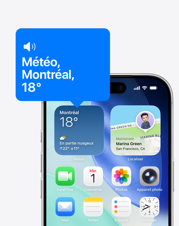 Écran d’accueil d’un iPhone, icône du widget Météo lue à voix haute par VoiceOver