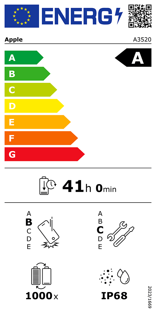 EU Energy Label QR code and information, Apple model A3520, class A, energy efficiency classes (with a scale from A to G), A (most efficient) to G (least efficient), battery endurance per cycle, 41 hours and 0 minutes per full battery charge, repeated free fall reliability class B, A (most robust) to E (least robust), repairability class C, A (most repairable) to E (least repairable), 1,000 battery endurance in cycles, dust and water ingress protection (IP) rating IP68, regulation 2023/1669.