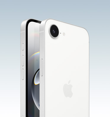 iPhone 16e σε Λευκό φινίρισμα, μερική οθόνη και πλαϊνή όψη που δείχνει το κουμπί Ενέργειας, το κουμπί έντασης ήχου και το πλευρικό κουμπί. Πίσω εξωτερική πλευρά που δείχνει σύστημα κάμερας 2 σε 1 στην επάνω αριστερή γωνία.