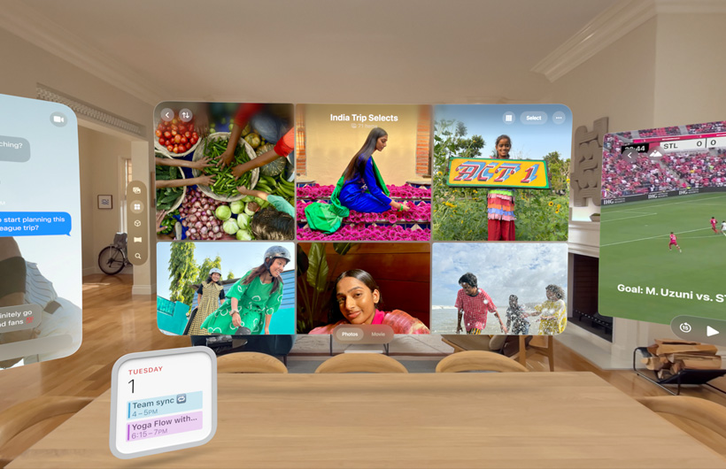 不同 app 和小工具在客廳空間懸浮,包括相片 app、訊息 app、日曆小工具以及 Apple TV app