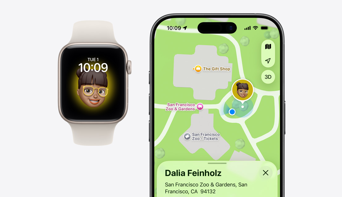 Apple Watch SE 3,螢幕顯示小朋友的 Memoji 畫面;iPhone 17,螢幕顯示尋找 app,以及小朋友在地圖上的位置