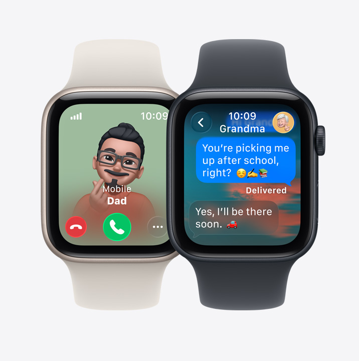 兩款 Apple Watch SE 3 裝置,螢幕分別顯示爸爸的來電和嫲嫲傳送的 iMessage 訊息