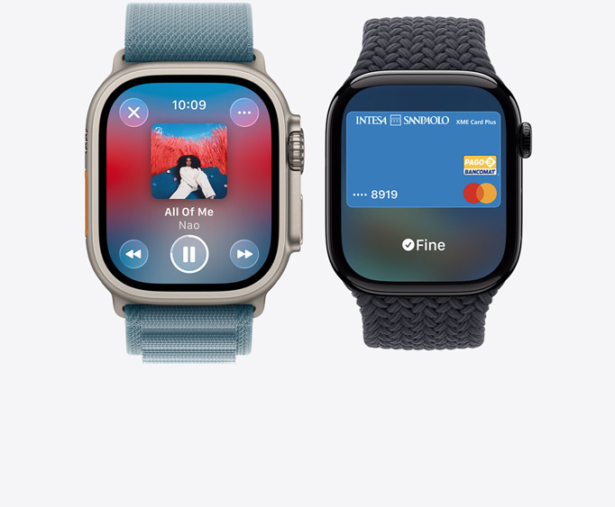 Apple Watch Ultra 3, titanium case, natural color, Apple Music app, now playing screen, Apple Watch Series 11,  aluminum case, polished jet black color, Apple Pay screen, Apple Card