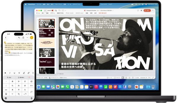 ユニバーサルクリップボードを使って、iPhone上のハイライトされたテキストを14インチMacBook Pro上のMicrosoft PowerPointのプレゼンテーションにコピー&ペーストしている