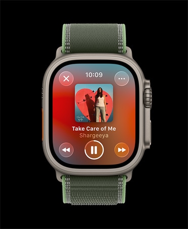 Apple Watch Ultra 3, titanium case, natural color, Apple Music, workout playlist, controls, previous song, next song, pause, Trail Loop, green/neon color