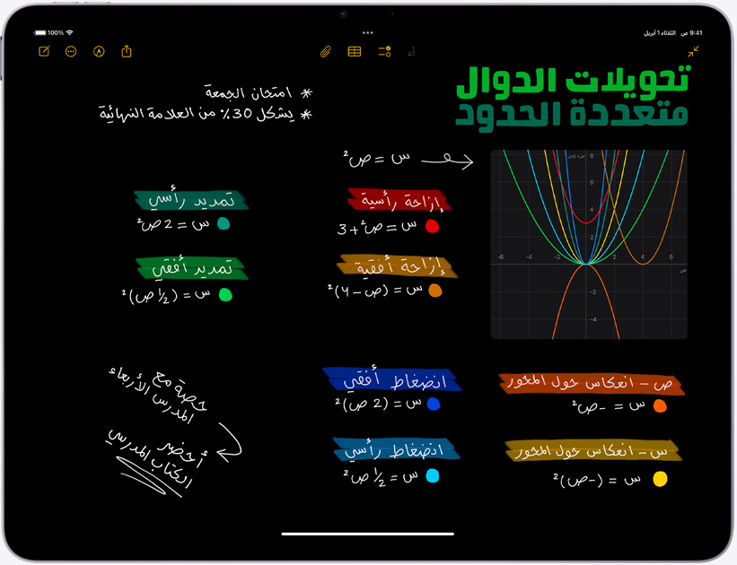 iPad Air في الوضع الأفقي وتعرض شاشته الملاحظات الحسابية