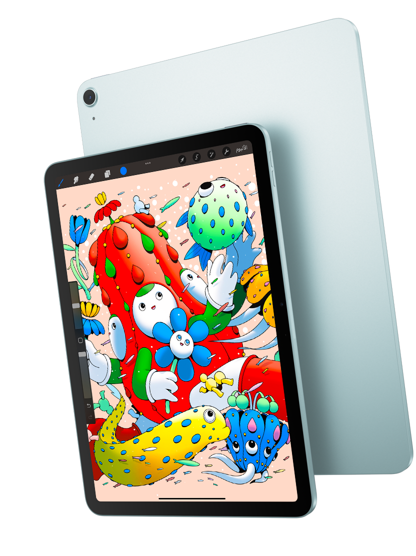 الجزء الأمامي الخارجي لجهاز iPad Air مقاس 11 إنش ويظهر عليه تطبيق Procreate ويتداخل مع الجزء الخلفي الخارجي لجهاز iPad Air باللون الأزرق