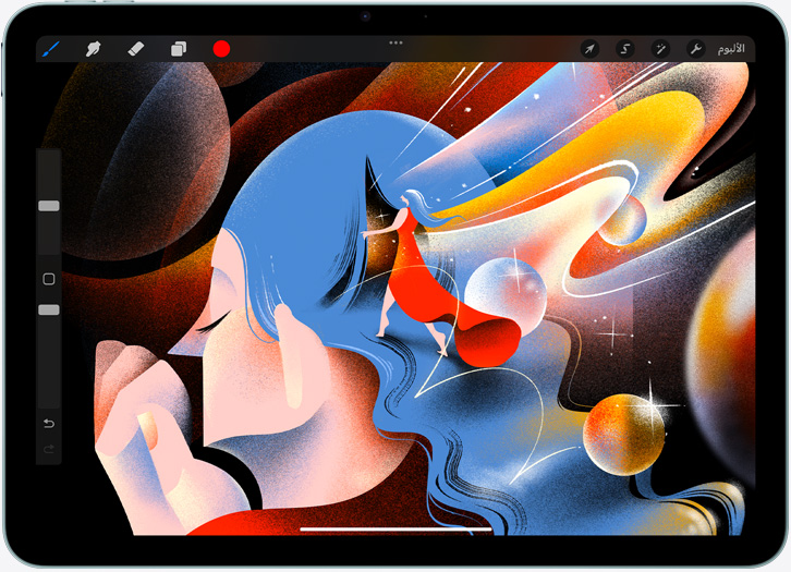 iPad Air بالوضع الأفقي، يُعرض على شاشته رسماً في تطبيق Procreate