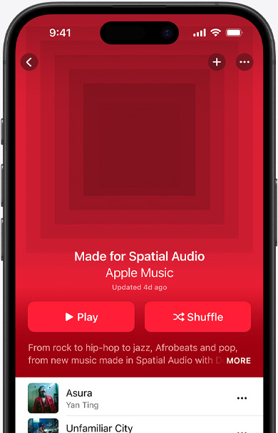 iPhone 螢幕,顯示 Apple Music app 中「空間音訊專區」歌單的封面插圖