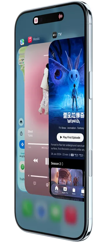 iPhone Air 機身正側面顯示地圖、音樂與 Apple TV+ app,展示使用 App 切換器功能