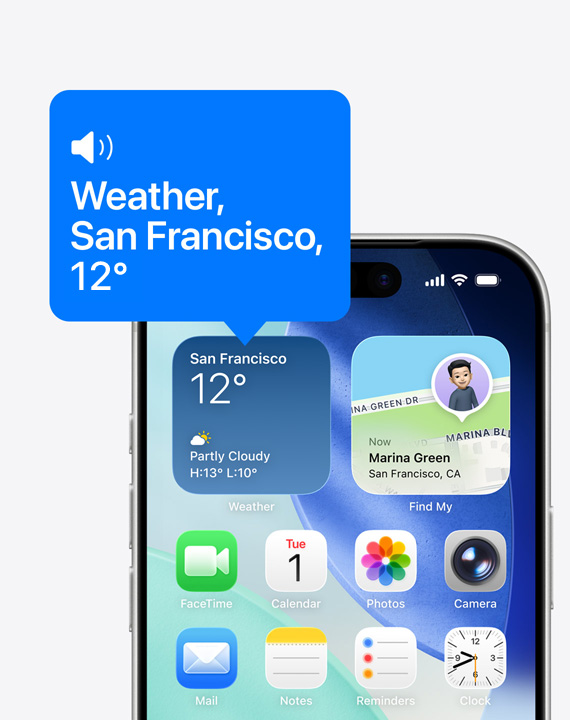 iPhone 主畫面,圖像展示旁白功能正在朗讀天氣小工具的內容