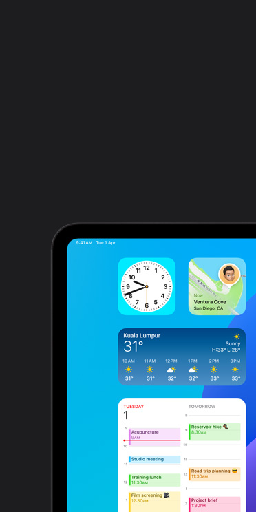 VoiceOver feature on iPad Pro screen showing Weather app widget with audio output “Weather, Kuala Lumpur, 31 degrees”