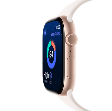 Side view of an Apple Watch Series 11 in Rose Gold Aluminium with sleep score and other dynamic data visible on display.