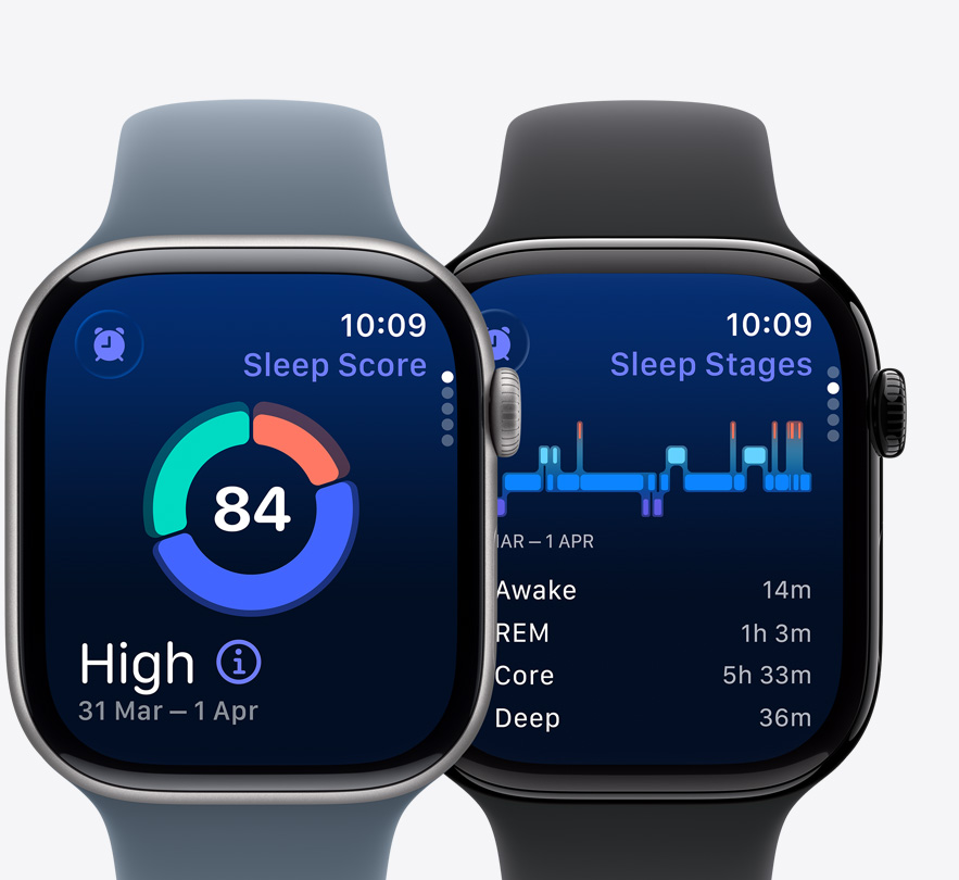 Front view of two Apple Watch Series 10 showing a Sleep Stages screen and a Possible Sleep Apnoea notification.