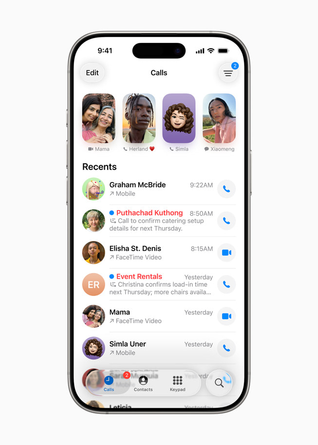 The new unified layout for the Phone app is shown on iPhone 16 Pro.