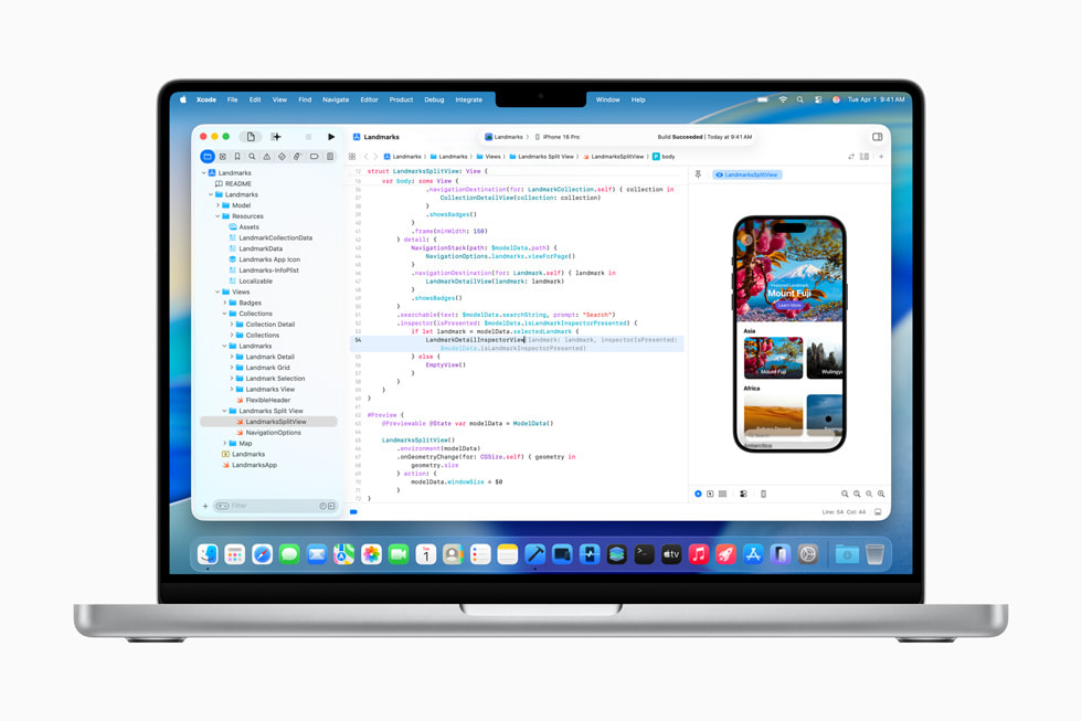 Uma tela do Xcode 26 é mostrada no MacBook Pro de 14 polegadas.