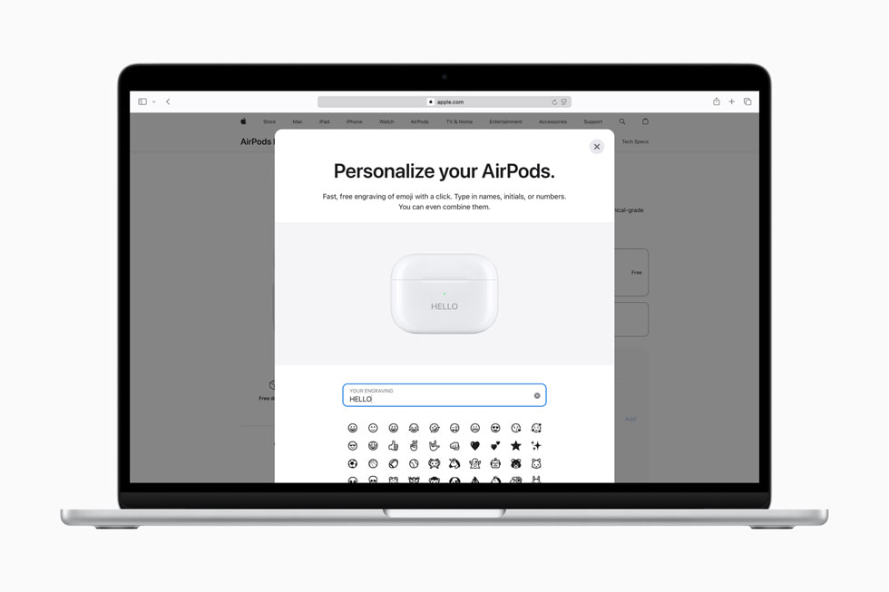 MacBook Pro shows a personalization screen, featuring engraving on AirPods, in the Apple Store online.