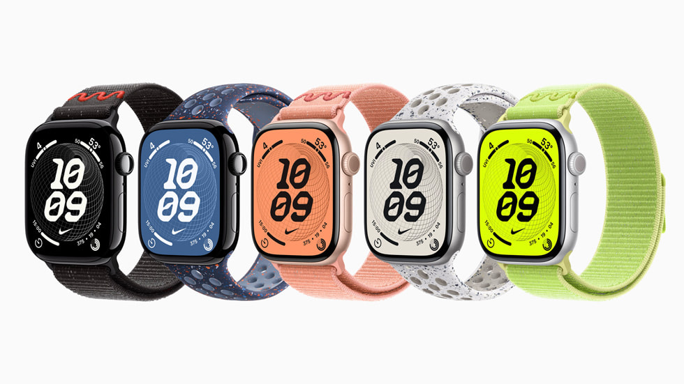 An array of Nike Sport Band colours on Apple Watch Series 11.