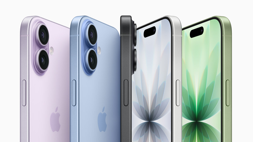 Multiple iPhone 17 devices shown upright and featuring the full colour line-up: lavender, mist blue, sage, white, and black.