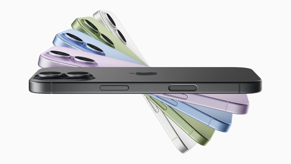 Multiple iPhone 17 devices shown from the side and featuring the full colour line-up: lavender, mist blue, sage, white, and black.