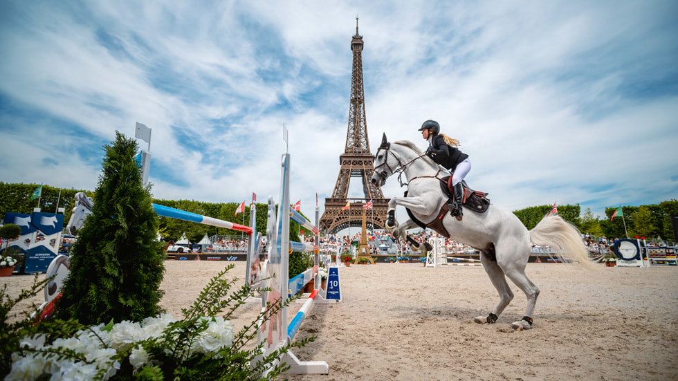 An image still of an equestrian competition in Paris from the immersive film “Experience Paris”.