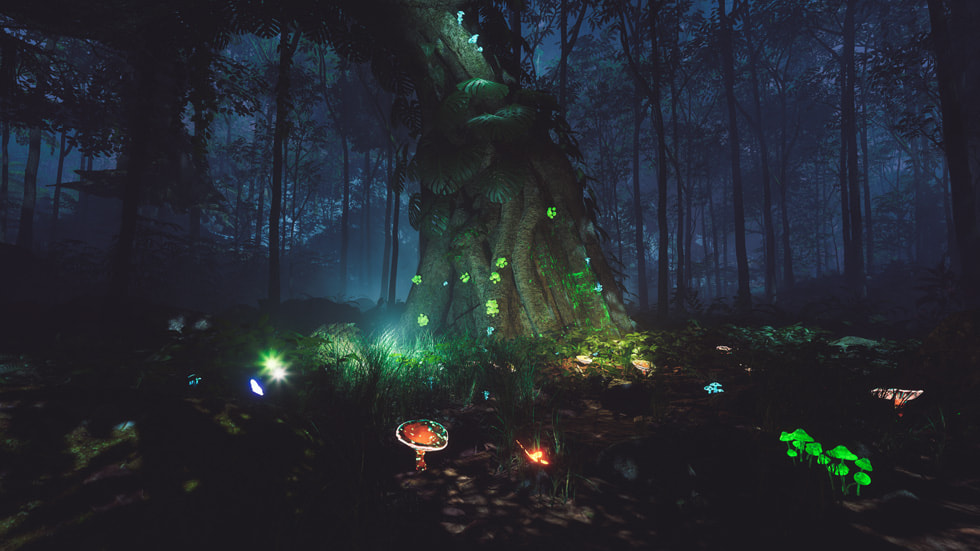 An image still of a night forest from the immersive experience “Julaymba”.