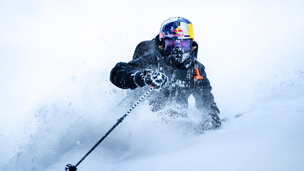 An image still of a freeskier from “Backcountry Skiing”, the first episode of “World of Red Bull”.