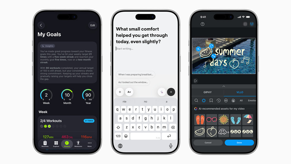 An image of three iPhone bezels displaying three different apps that feature Apple Intelligence-powered experiences.