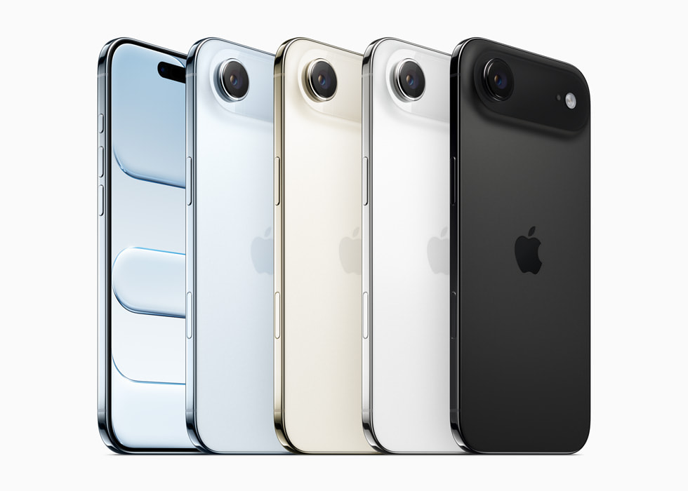 iPhone Air is shown from the back in space black, cloud white, light gold, and sky blue.