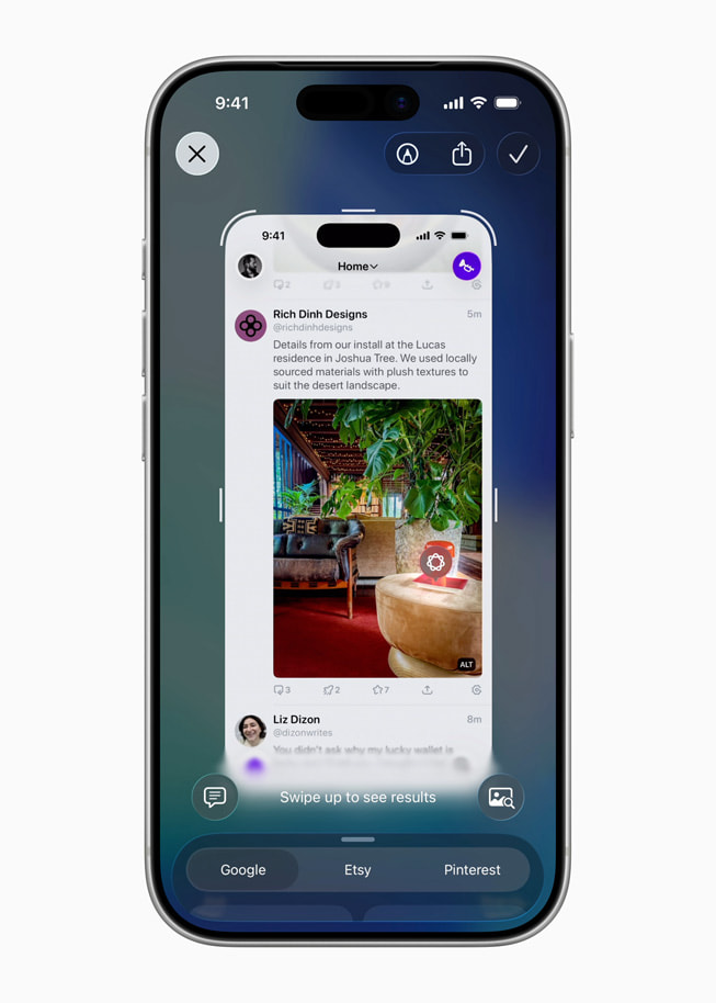 iPhone 17 Pro shows an interior design image with the option to search Google, Etsy or Pinterest.
