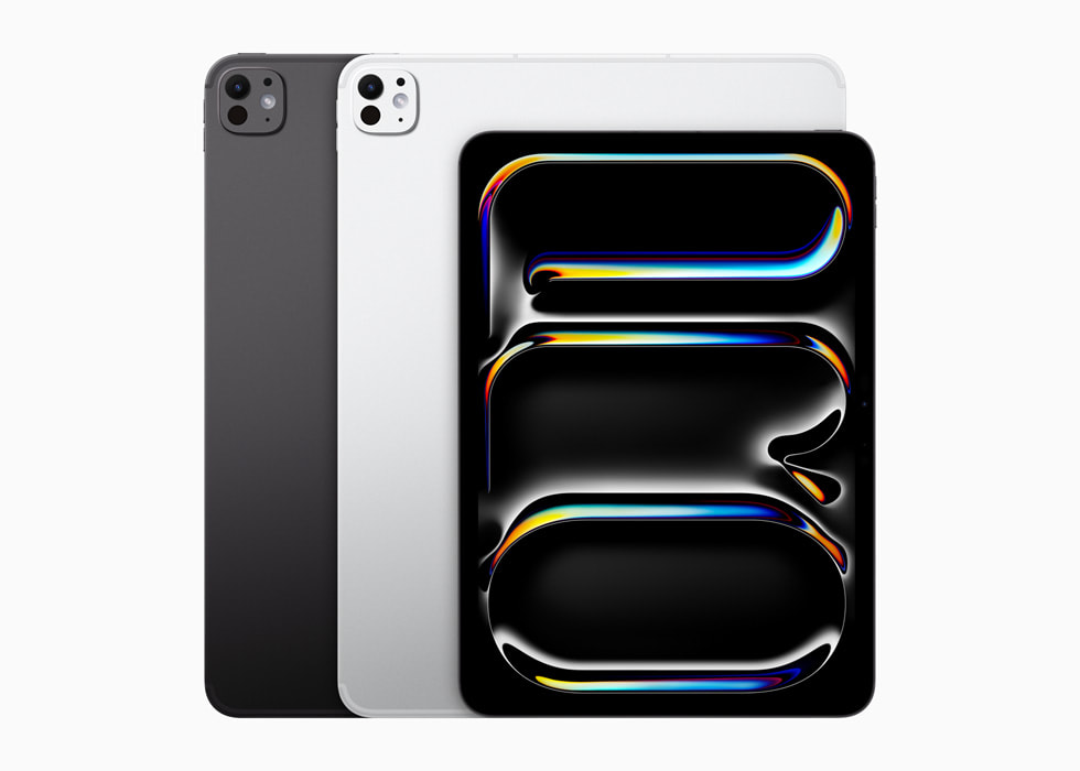 The Space Black Silver 13-inch iPad Pro with the display shown on an 11-inch iPad Pro.