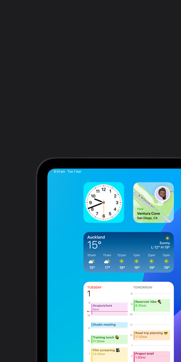 VoiceOver feature on iPad Pro screen showing Weather app widget with audio output “Weather, Auckland, 15 degrees”