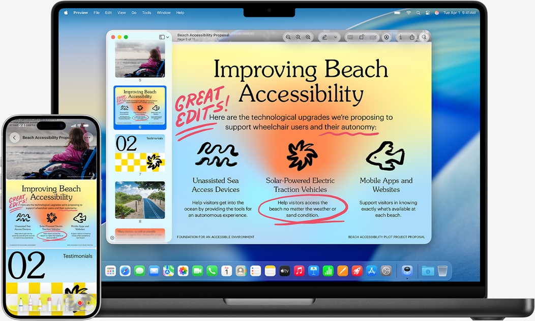 iPhone și MacBook alăturate, prezentând efectul de oglindă afișat pe MacBook. Widget-urile Calendar și Notițe în partea de sus a ecranului, aplicațiile în partea de jos.