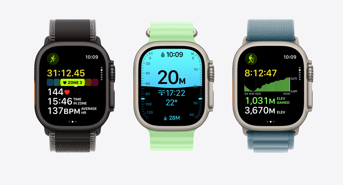 Dispozitive Apple Watch Ultra 3, carcase din titan, culori: Natural și Negru, ecrane aplicație Exerciții: alergare, scufundări, drumeții, brățări: brățară Montană, culoare Negru/Cărbune, curea Oceanică, culoare Verde neon, brățară Alpină, culoare Albastru ancoră