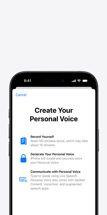 iPhone 16 Pro screen showing Personal Voice feature with instructions on how to create your Personal Voice