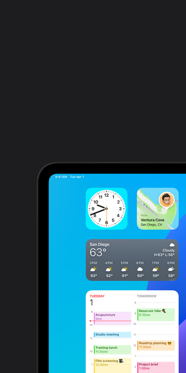 VoiceOver feature on iPad Pro screen showing Weather app widget with audio output “Weather, San Diego, 63 degrees”