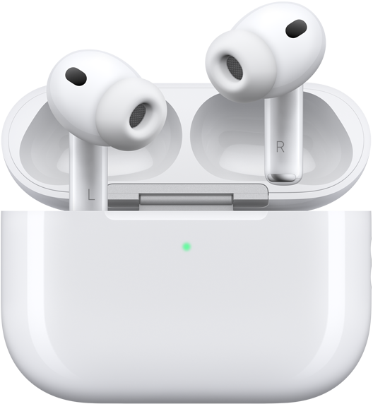 AirPods Pro 3 y estuche de carga MagSafe (USB-C), diseño redondeado, indicador de carga LED, estuche abierto, blanco, audífonos inalámbricos con almohadilla de silicona, parte inferior con las letras L y R