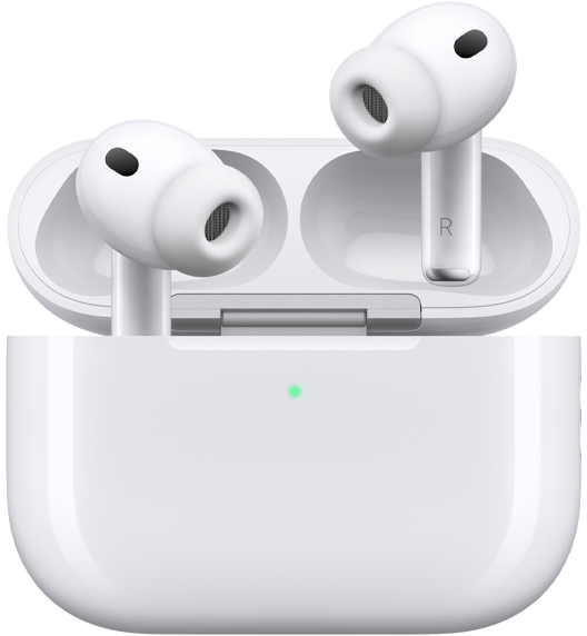 AirPods Pro 3 and MagSafe Charging Case (USB‑C), rounded case exterior, LED power indicator, case lid open, white color, wireless headphones with silicone tips, stem interior features letter L and letter R