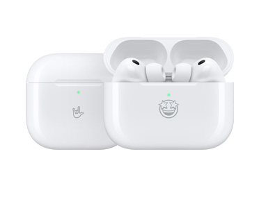 Custom-engraved Apple products: MagSafe Charging Case (USB‑C) engraving on front reads: rock-on emoji, MagSafe Charging Case (USB‑C), case open, AirPods Pro 3, engraving on front reads: star-struck emoji