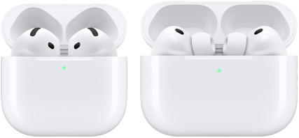 充電盒蓋打開的 AirPods 4 和 AirPods Pro 3。