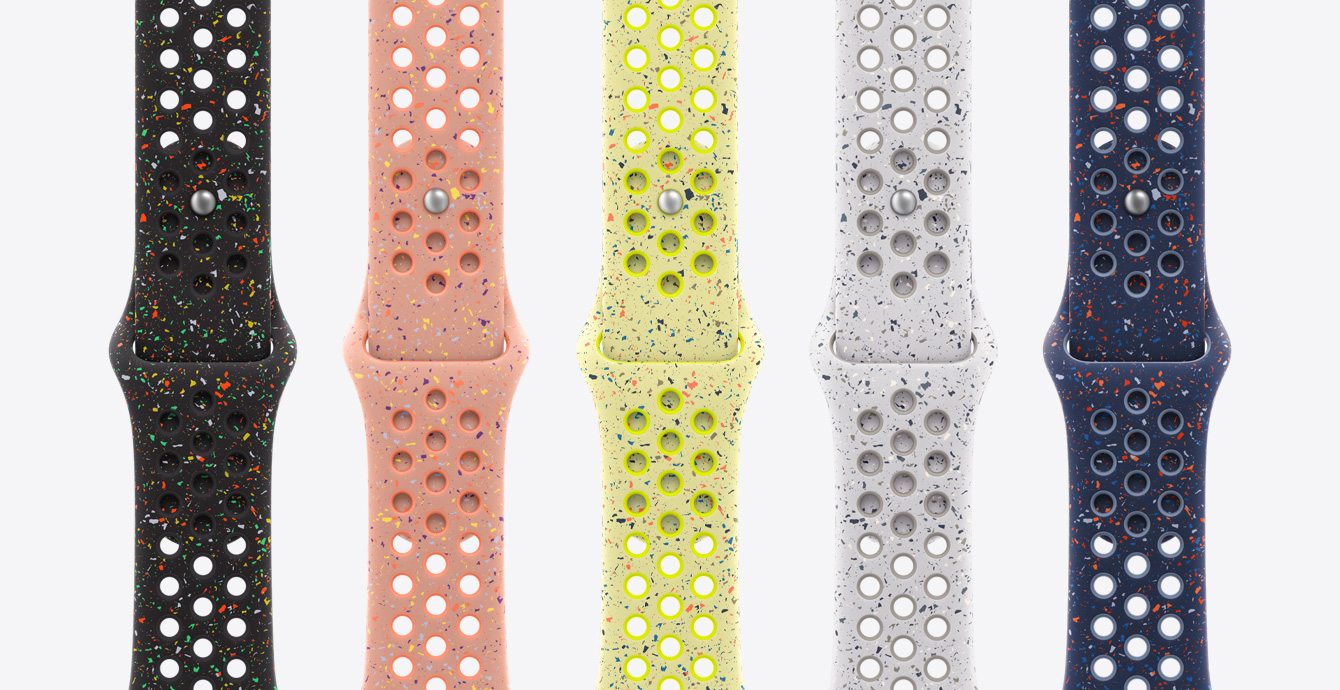 Couleurs disponibles pour le Bracelet Sport Nike : Noir nuit, Rose Alpenglow, Volt Splash, Gris voilé, Blue Ribbon