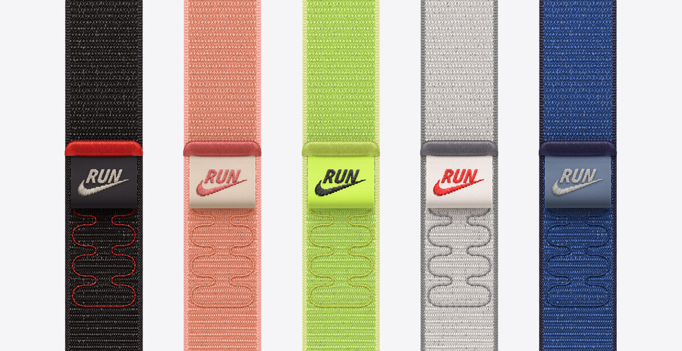 Couleurs disponibles pour la Boucle Sport Nike : Noir nuit, Rose Alpenglow, Volt Splash, Gris voilé, Blue Ribbon