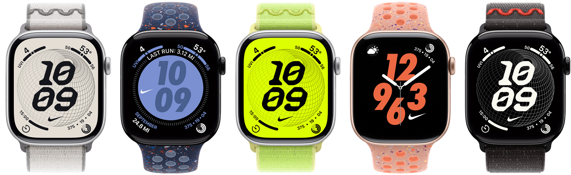 Plusieurs Apple Watch, bracelets Nike : Boucle Sport Nike Gris voilé, Bracelet Sport Nike Blue Ribbon, Boucle Sport Nike Volt Splash, Bracelet Sport Nike Rose Alpenglow, Bracelet Sport Nike Noir nuit, cadrans Nike : Globe, Hybride, Rebond, Numérique